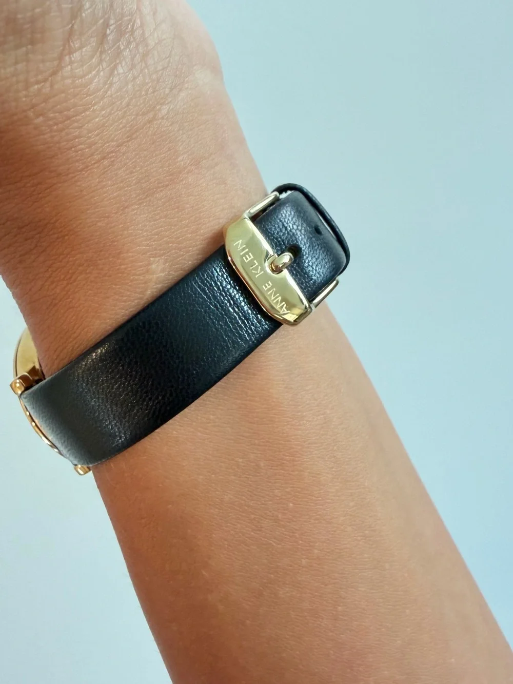 Anne Klein Black Dial Gold-Tone Case Leather Strap Watch